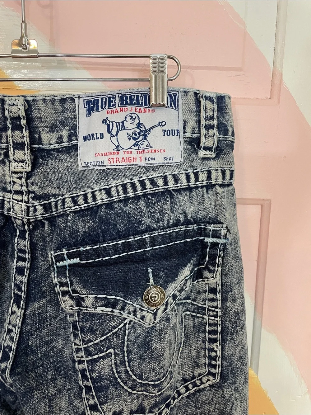 True Religion Acid Wash Denim Straight Super T Flap Pockets Jeans Men’s 36 🧡🎀
